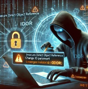 Хакер у капюшоні з ноутбуком використовує IDOR-вразливість для атаки. На екрані цифрові елементи кібербезпеки та попередження.