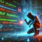 Хакер у капюшоні здійснює CRLF-ін'єкцію в кіберпросторі, символізуючи атаку на веб-додатки через маніпуляцію HTTP-заголовками.