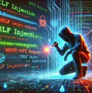 Хакер у капюшоні здійснює CRLF-ін'єкцію в кіберпросторі, символізуючи атаку на веб-додатки через маніпуляцію HTTP-заголовками.