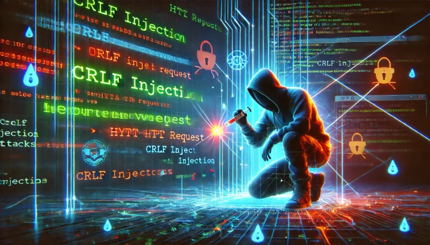 Хакер у капюшоні здійснює CRLF-ін'єкцію в кіберпросторі, символізуючи атаку на веб-додатки через маніпуляцію HTTP-заголовками.