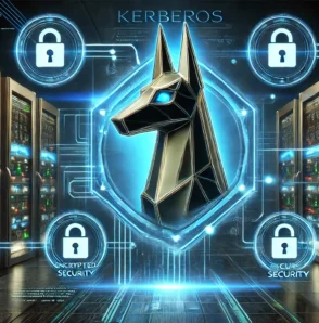 Візуалізація Kerberos – протоколу автентифікації для безпечного доступу до серверів. Кібербезпека, шифрування даних та захист мережі.