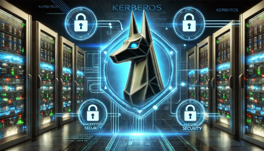 Візуалізація Kerberos – протоколу автентифікації для безпечного доступу до серверів. Кібербезпека, шифрування даних та захист мережі.