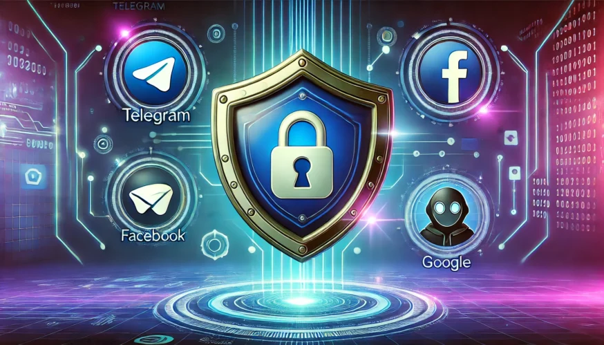 Захист акаунтів Telegram, Facebook і Google від зламу – цифровий щит на тлі кіберпростору.