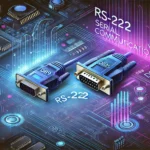 Високотехнологічна ілюстрація RS-232 з неоновими DB9 і DB25 роз'ємами, яскравими хвилями передачі даних і сучасним цифровим дизайном.