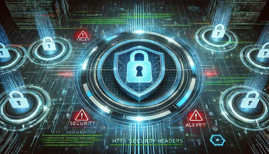 Візуалізація заголовків безпеки (HTTP Security Headers) з цифровим замком у центрі, що символізує кіберзахист.
