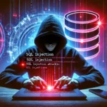 Хакер у темному худі здійснює атаку SQL-ін'єкції на базу даних, використовуючи ноутбук. На фоні зображені цифрові елементи, замок безпеки та сервери.