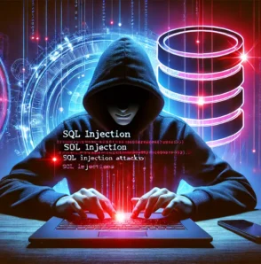 Хакер у темному худі здійснює атаку SQL-ін'єкції на базу даних, використовуючи ноутбук. На фоні зображені цифрові елементи, замок безпеки та сервери.