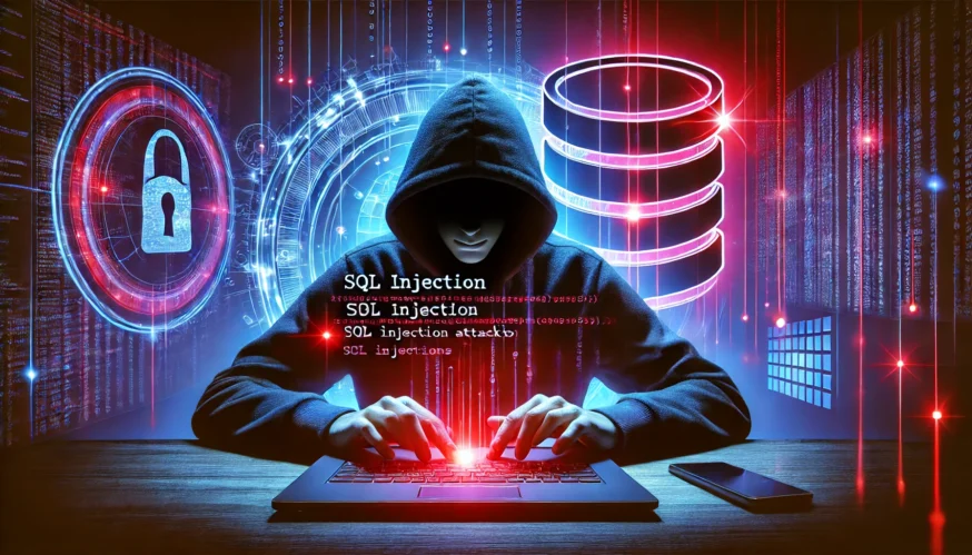 Хакер у темному худі здійснює атаку SQL-ін'єкції на базу даних, використовуючи ноутбук. На фоні зображені цифрові елементи, замок безпеки та сервери.