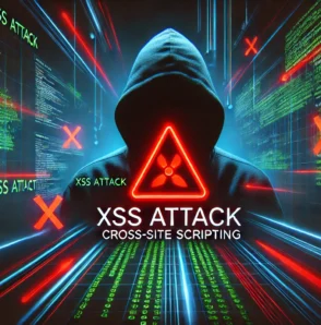 Зображення XSS-атаки (Cross-Site Scripting) із зловмисником у темному капюшоні, кодом та попереджувальним знаком небезпеки.