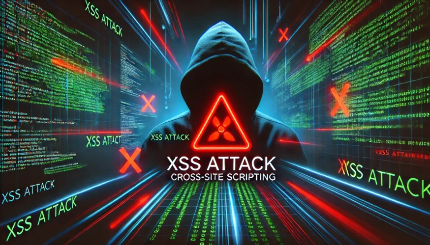 Зображення XSS-атаки (Cross-Site Scripting) із зловмисником у темному капюшоні, кодом та попереджувальним знаком небезпеки.