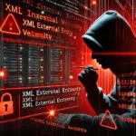 Хакер у капюшоні виконує XXE-ін'єкцію на сервер, червоні попереджувальні знаки та цифровий код на тлі, що символізують кіберзагрозу XML External Entity (XXE).