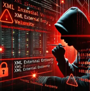 Хакер у капюшоні виконує XXE-ін'єкцію на сервер, червоні попереджувальні знаки та цифровий код на тлі, що символізують кіберзагрозу XML External Entity (XXE).