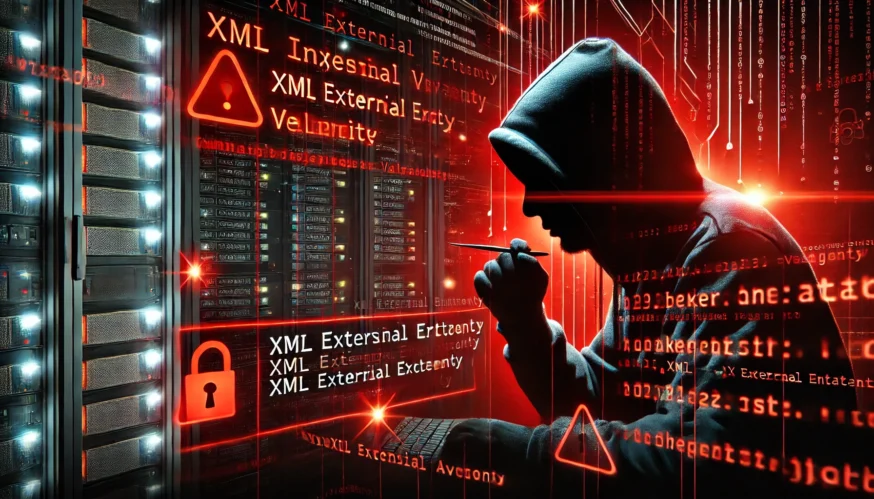 Хакер у капюшоні виконує XXE-ін'єкцію на сервер, червоні попереджувальні знаки та цифровий код на тлі, що символізують кіберзагрозу XML External Entity (XXE).