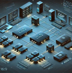 Схематичне зображення мережевої топології з Cisco-пристроями, підключеними через протокол виявлення Cisco (CDP), з підписами IP-адрес, іменами хостів та активними з’єднаннями.