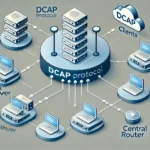 Ієрархічна структура протоколу DCAP: клієнти, сервер DCAP і центральний маршрутизатор з потоками даних