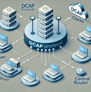 Ієрархічна структура протоколу DCAP: клієнти, сервер DCAP і центральний маршрутизатор з потоками даних
