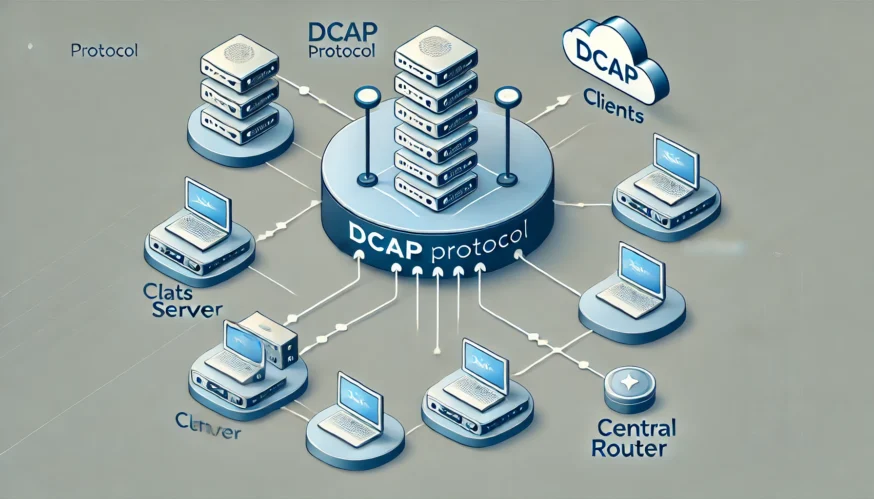 Ієрархічна структура протоколу DCAP: клієнти, сервер DCAP і центральний маршрутизатор з потоками даних