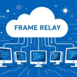 Ілюстрація концепції технології Frame Relay: мережеве з'єднання між комп'ютерами через хмару з бінарним кодом, текст українською про спрощення мереж передачі даних.