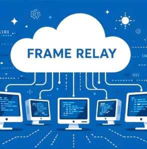Ілюстрація концепції технології Frame Relay: мережеве з'єднання між комп'ютерами через хмару з бінарним кодом, текст українською про спрощення мереж передачі даних.
