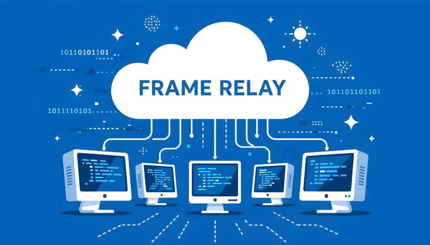 Ілюстрація концепції технології Frame Relay: мережеве з'єднання між комп'ютерами через хмару з бінарним кодом, текст українською про спрощення мереж передачі даних.