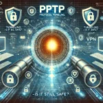 Схематичне зображення PPTP протоколу тунелювання з віртуальним тунелем, шифруванням даних і значками безпеки.