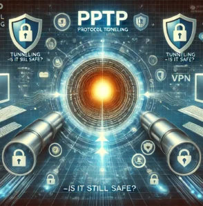 Схематичне зображення PPTP протоколу тунелювання з віртуальним тунелем, шифруванням даних і значками безпеки.