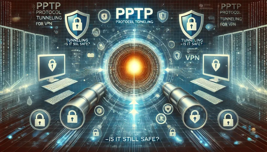 Схематичне зображення PPTP протоколу тунелювання з віртуальним тунелем, шифруванням даних і значками безпеки.