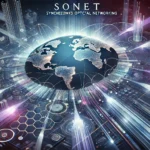 Ілюстрація SONET (Синхронна оптична мережа): оптичні волоконні кабелі з потоками даних, що передають інформацію глобально. Відображає технологічну інфраструктуру сучасних мереж.