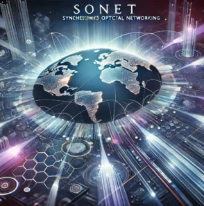 Ілюстрація SONET (Синхронна оптична мережа): оптичні волоконні кабелі з потоками даних, що передають інформацію глобально. Відображає технологічну інфраструктуру сучасних мереж.