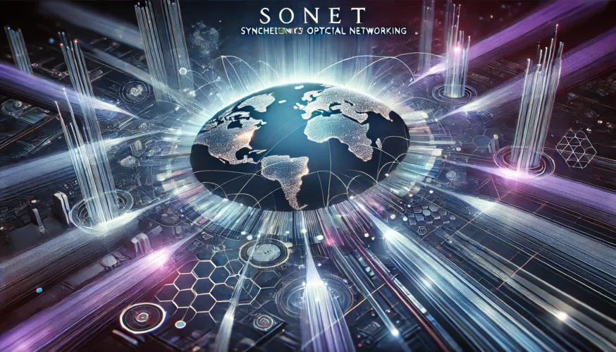 Ілюстрація SONET (Синхронна оптична мережа): оптичні волоконні кабелі з потоками даних, що передають інформацію глобально. Відображає технологічну інфраструктуру сучасних мереж.