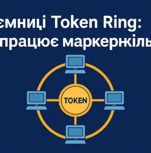 Ілюстрація роботи мережі Token Ring із маркером у центрі та підключеними комп'ютерами