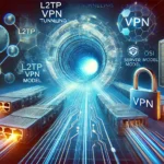 Ілюстрація VPN протоколу L2TP з тунелюванням другого рівня OSI та символами кібербезпеки
