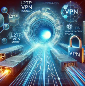Ілюстрація VPN протоколу L2TP з тунелюванням другого рівня OSI та символами кібербезпеки