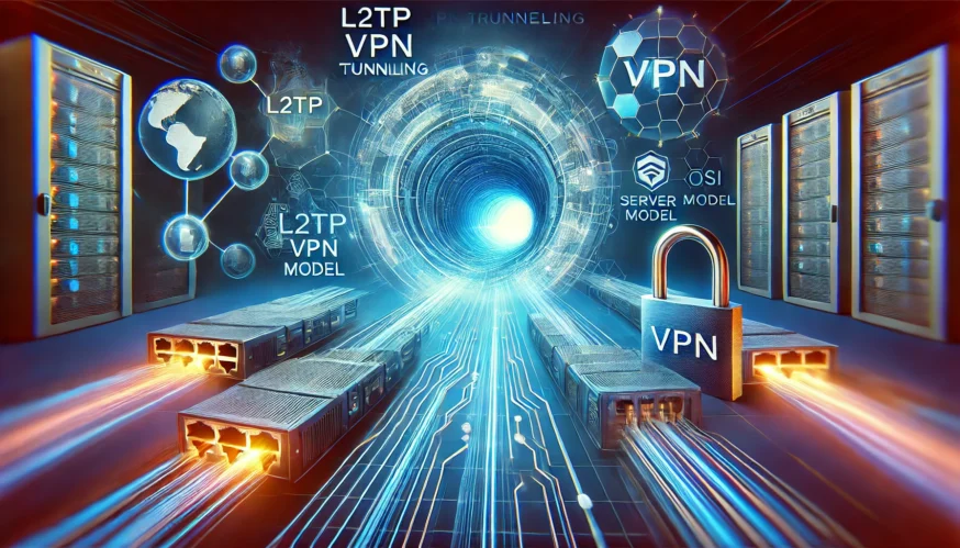Ілюстрація VPN протоколу L2TP з тунелюванням другого рівня OSI та символами кібербезпеки