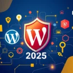 Повний посібник із безпеки WordPress 2025: захистіть свій сайт, зображення із замком, ключем, попередженням та іконками безпеки навколо логотипу WordPress.