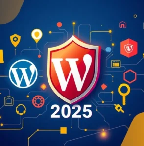 Повний посібник із безпеки WordPress 2025: захистіть свій сайт, зображення із замком, ключем, попередженням та іконками безпеки навколо логотипу WordPress.