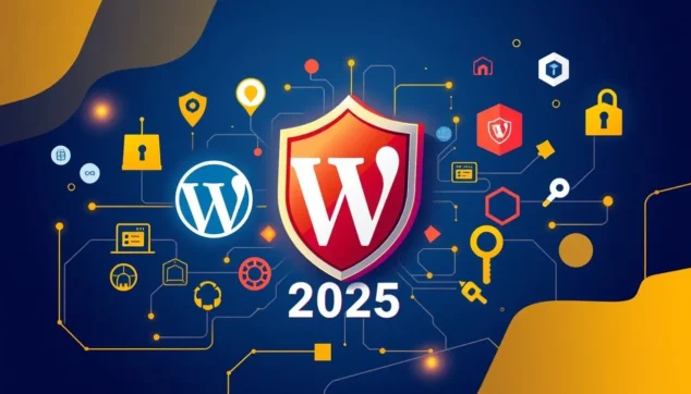 Повний посібник із безпеки WordPress 2025: захистіть свій сайт, зображення із замком, ключем, попередженням та іконками безпеки навколо логотипу WordPress.
