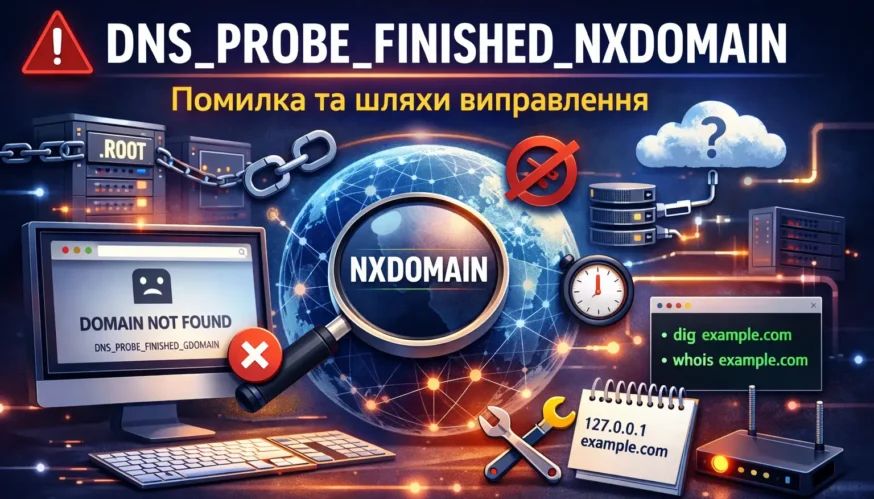 DNS_PROBE_FINISHED_NXDOMAIN помилка Chrome: як виправити NXDOMAIN, перевірити домен whois та dig. Інструменти діагностики DNS резолвінгу та фікс кешу Windows