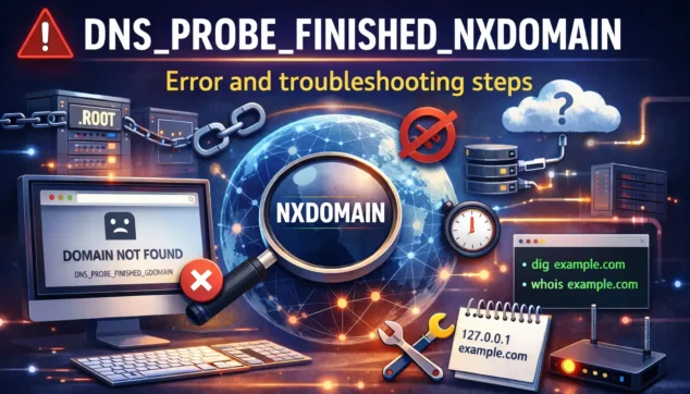 DNS_PROBE_FINISHED_NXDOMAIN Chrome error: how to fix NXDOMAIN, check whois domain and dig. DNS resolution diagnostic tools and Windows cache fix