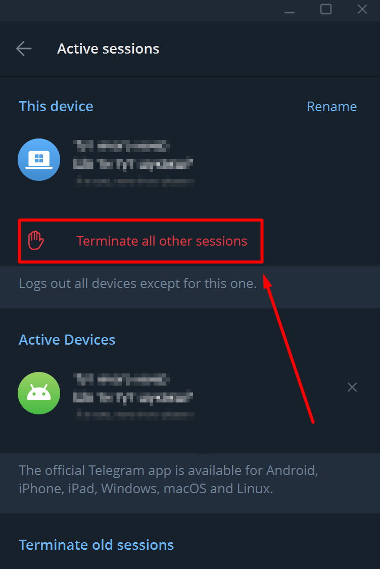 List of active Telegram sessions and button to end all other sessions