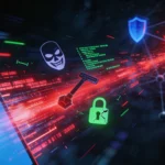 Динамічна кібератака на додаток Telegram із зображеннями хакерських іконок, зламаного замка та захисних щитів у цифровій мережі