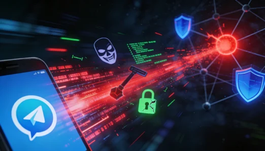 A dynamic cyberattack on the Telegram app featuring images of hacker icons, a broken lock, and protective shields in a digital network.