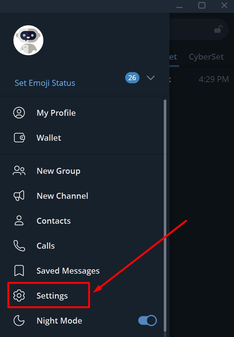 Opening Telegram settings via the side menu on a computer