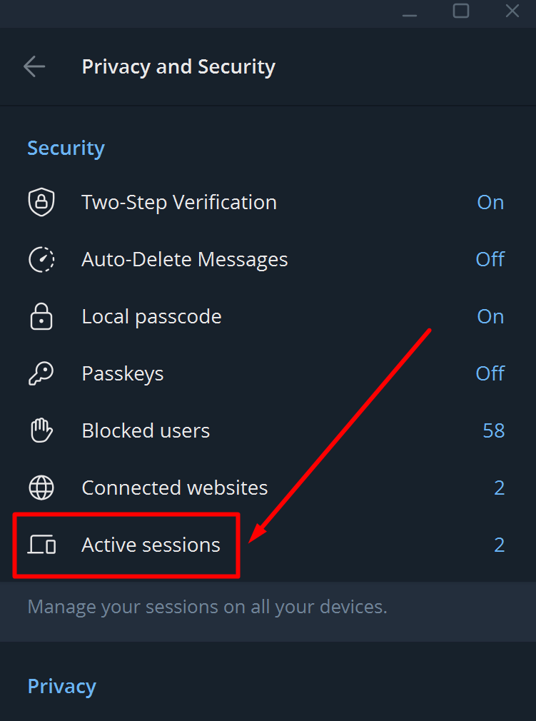The Privacy and Security section in Telegram with the Active Sessions button
