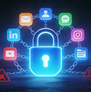 Illustration of cybersecurity with a lock and several accounts, showing the danger of using one password for all accounts