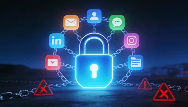 Illustration of cybersecurity with a lock and several accounts, showing the danger of using one password for all accounts